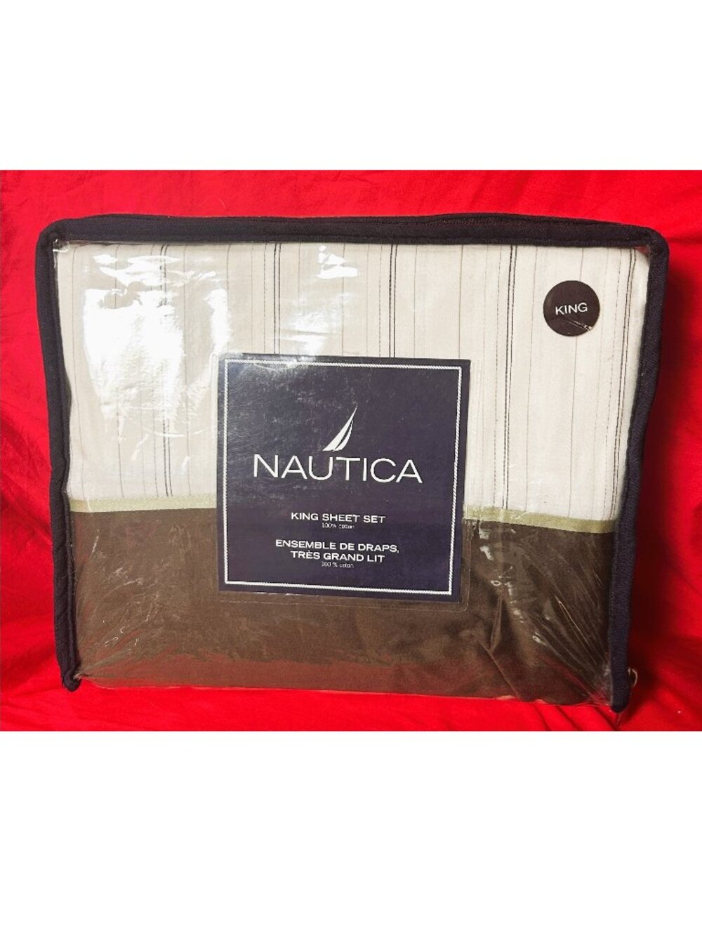 new Vintage Nautica King Cotton Sateen Deep Fitted Sheet Set~Brown tan pinstripe